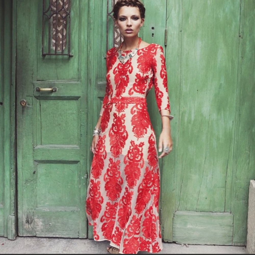 For Love & Lemons Siren Red Lace Illusion Backless Gown